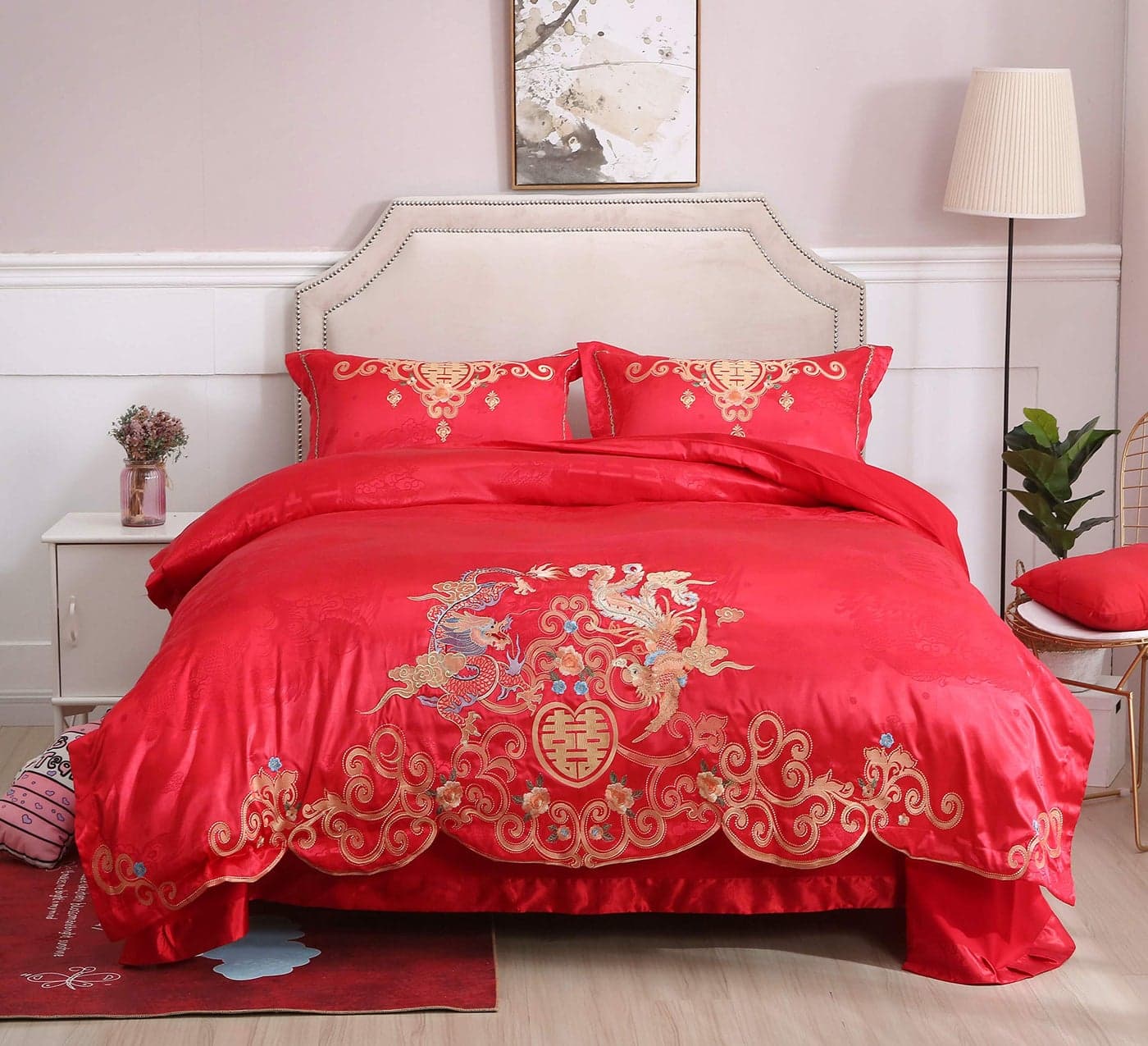 IMART Chinese Wedding Bedding Set Queen 4Pcs Red Satin Sheets with Dragon Phoenix Embroidery 100 Cotton Satin Duvet Cover Flat Sheet No Filler