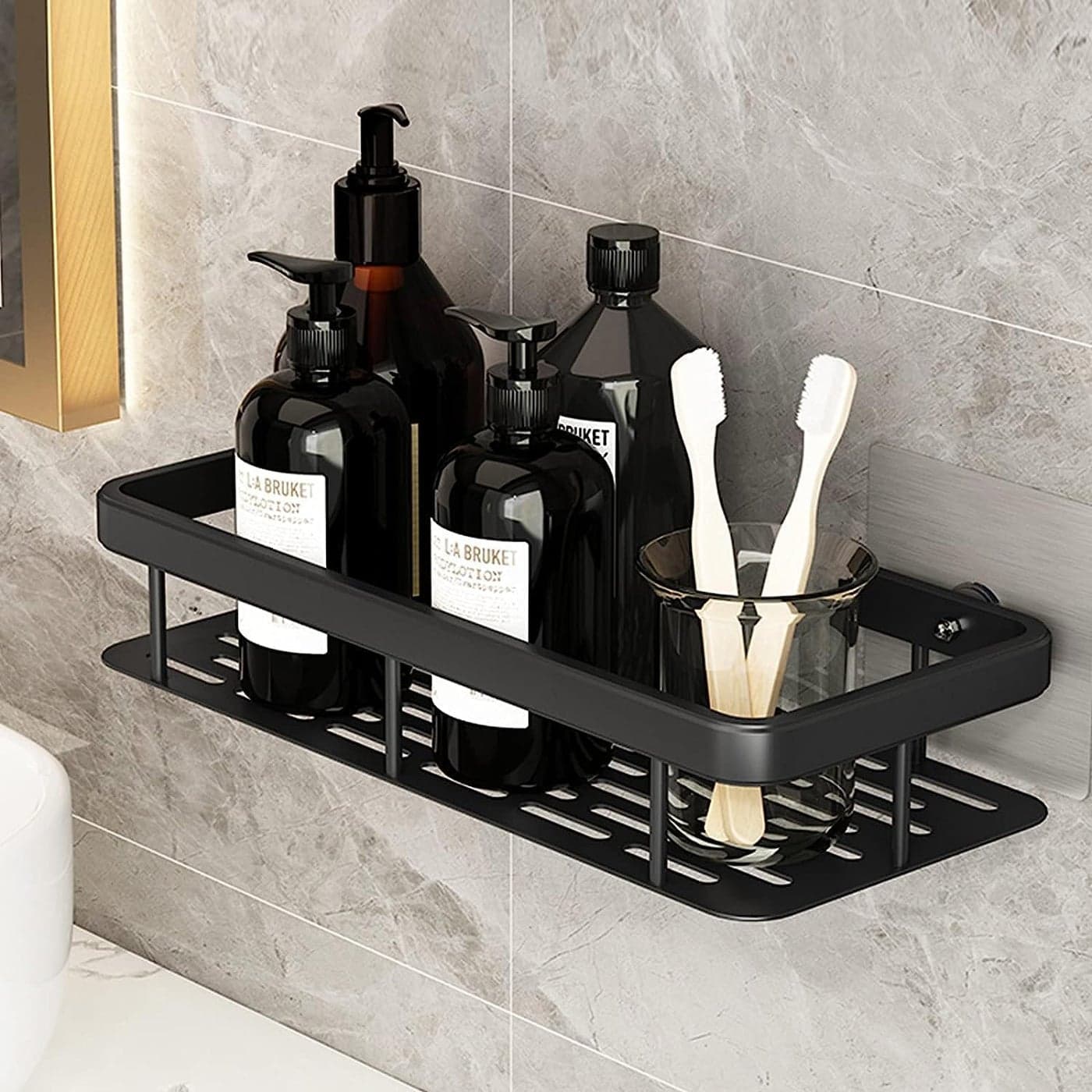 GDR Multipurpose Self-Adhesive Wall-Mounted Aluminum Bathroom Organizer/Holder/Rack (Black, Bathroom Shelf) - Pack of 1