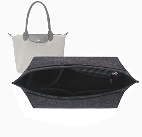 Lckaey Purse Organizer Insert for Longchamp Le Pliage Premium Felt with 9 Compartments Water Bottle Slot Metal Zipper 1028dark greyL