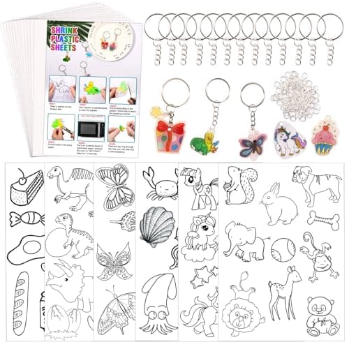Natonhi Shrinky Dink Sheets Kit 145Pcs Shrink Art Kit Including 20pcs Shrinky Paper Sheets 6pcs Traceable Picture Keychains Accessories Perfect for Shrink Paper Sheets Crafts Making