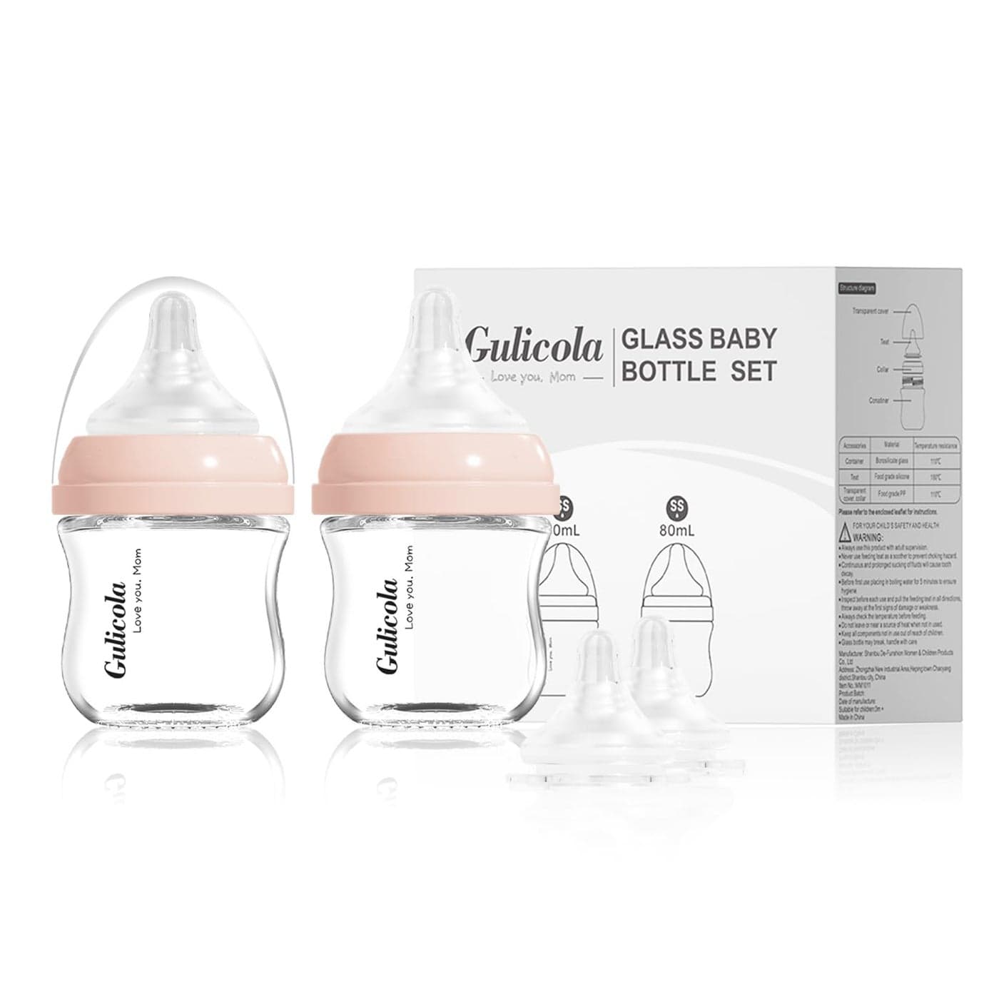 Gulicola Small Glass Baby Bottle for Newborn Breastfeeding Babies, Preemie & Extra Slow Flow Nipples (SS), Anti-Colic, Breast-Like, 0 Months+, 3 oz, 2 Pack - Pink