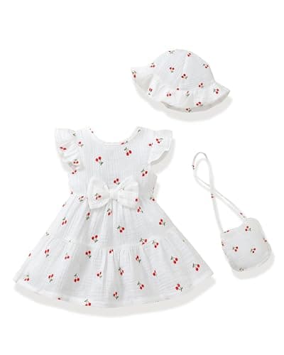Renotemy Baby Girl Clothes 12 18 Months Baby Dress Summer Outfits Boho Beach Birthday Party Shower Dresses for 1 Year Old Girl Gifts White Cherry Ruffle Sleeve Casual Bow Sundress with Hat and Bag