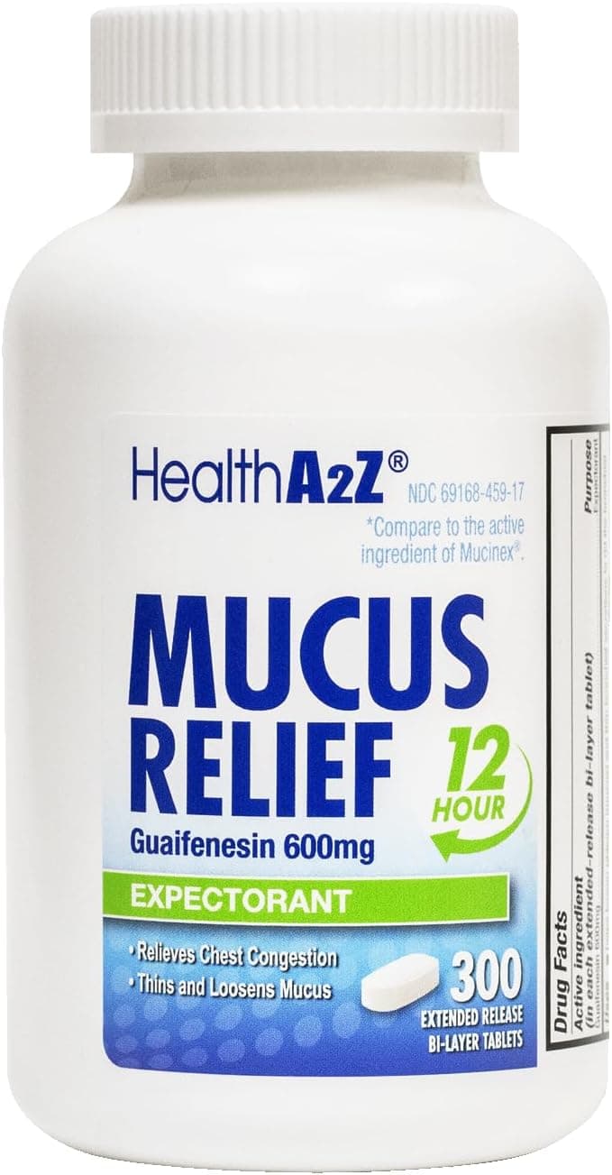HealthA2Z Mucus Relief Guaifenesin 600 mg 12 Hour No Benzene Expectorant Relieves Chest Congestion Thins and Loosens Mucus Extended Release 300 Counts