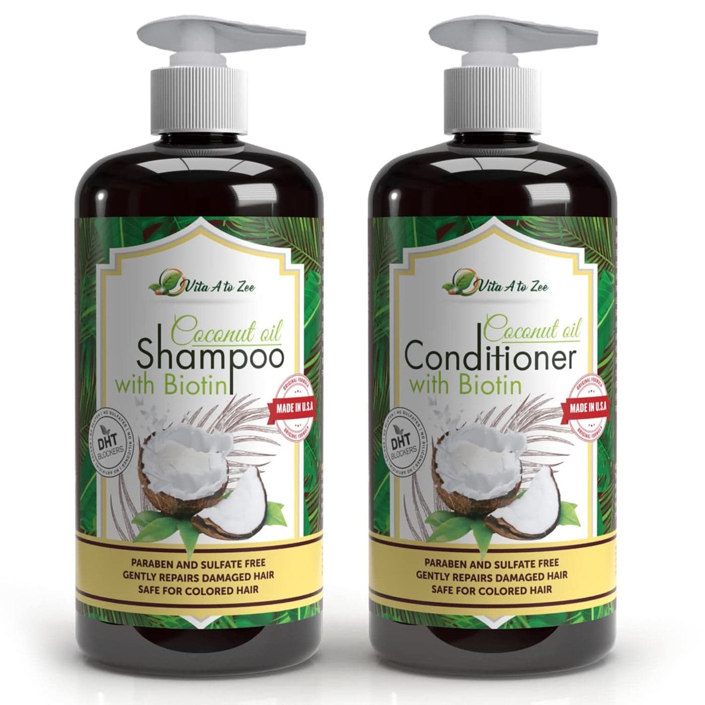 Vita A to Zee Coconut Oil Shampoo Conditioner with Biotin Aloe Vera 2 x 169 Fl Oz Hair Regrowth Shampoo Conditioner for Dry Frizzy Coarse Hair Hydrating Flyaway Taming Hair Scalp Care