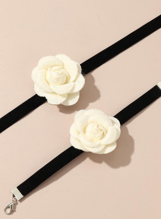 Pack of 2 - White Flower Choker Necklace and Bracelet