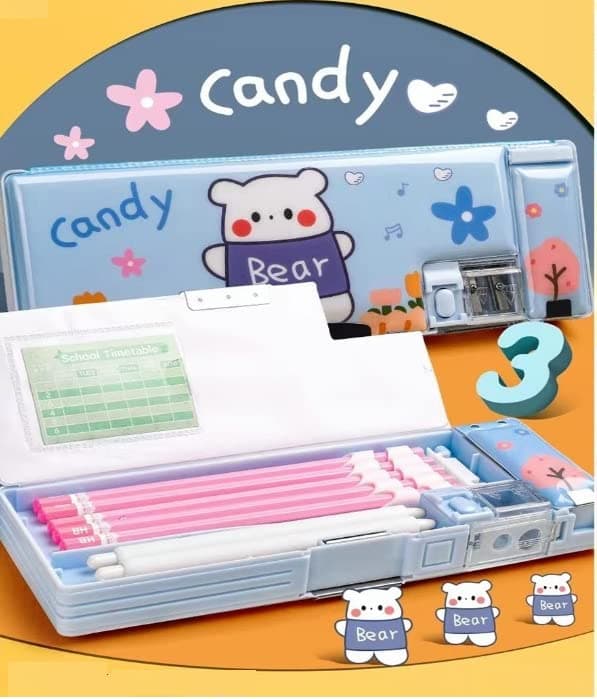 TEMSON Magnetic Pencil Case with Sharpener – Cartoon Themed Luxury Pencil Box for Kids – Stationary Organizer Pencil Box for Girls, Kids, Boys (Bear - Blue)(KBX-7070)