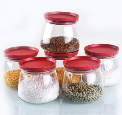 YouBee Air Tight Matka Jar for Kitchen Storage Container for Rice Dal Atta BPAFree Flour Cereals Snacks Stackable Modular 800 Ml Set 6 Red