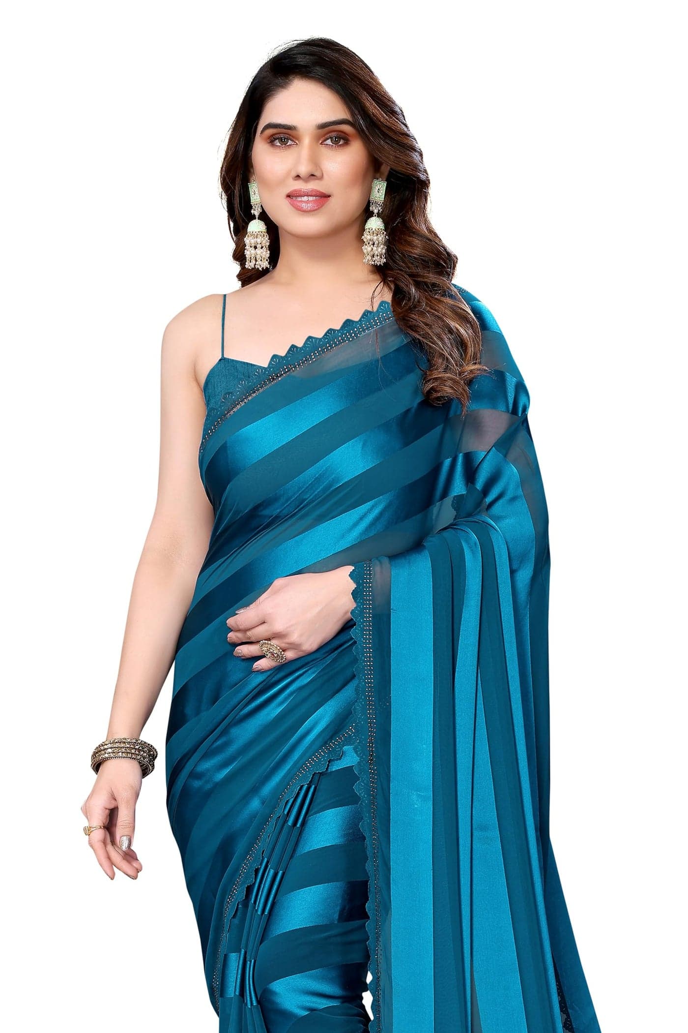 MIRCHI FASHION Women Georgette Embellished Satin Stripe Saree with Blouse Piece (39711 - Dusty Blue)