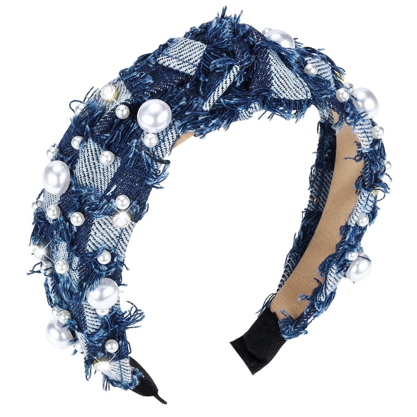 PLwelth Denim Pearl Headband for Women Girls Kids Knotted Headband Sparkle Rhinestone Jeweled Knotted Hairband Non Slip Embellished Wide Top Knot Hairband for Thin Thick Long Short Hair Accessories