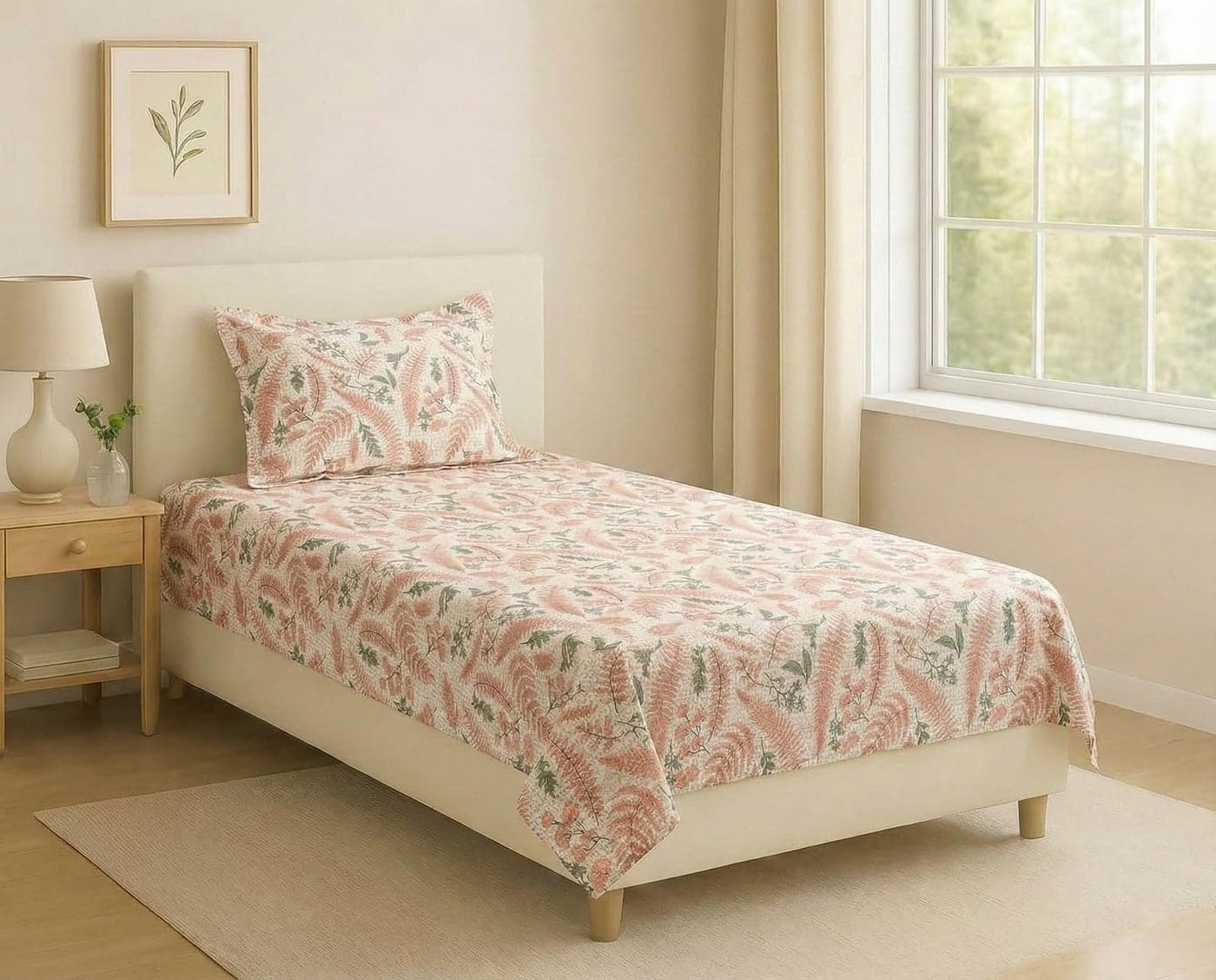 Trance Home Linen 144 Tc 100% Pure Cotton Bedsheet Single Bed with 1 Pillow Cover | Diwan Size Bed Sheets |Modern Art| Hypoallergenic (54 x 90 inch, Foliage Peach)