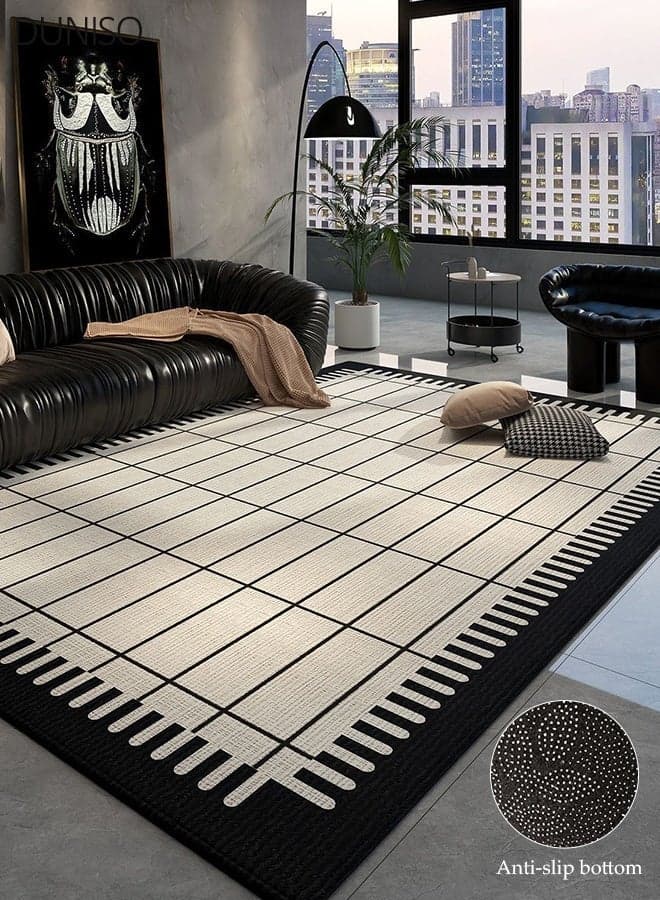 Black and White Piano Key Grid Area Rug, 160x230cm Modern Geometric Border Ultra Short Pile Carpet, Non Slip Stain Resistant Soft Thin Floor Rug for Living Room Bedroom Dining Office