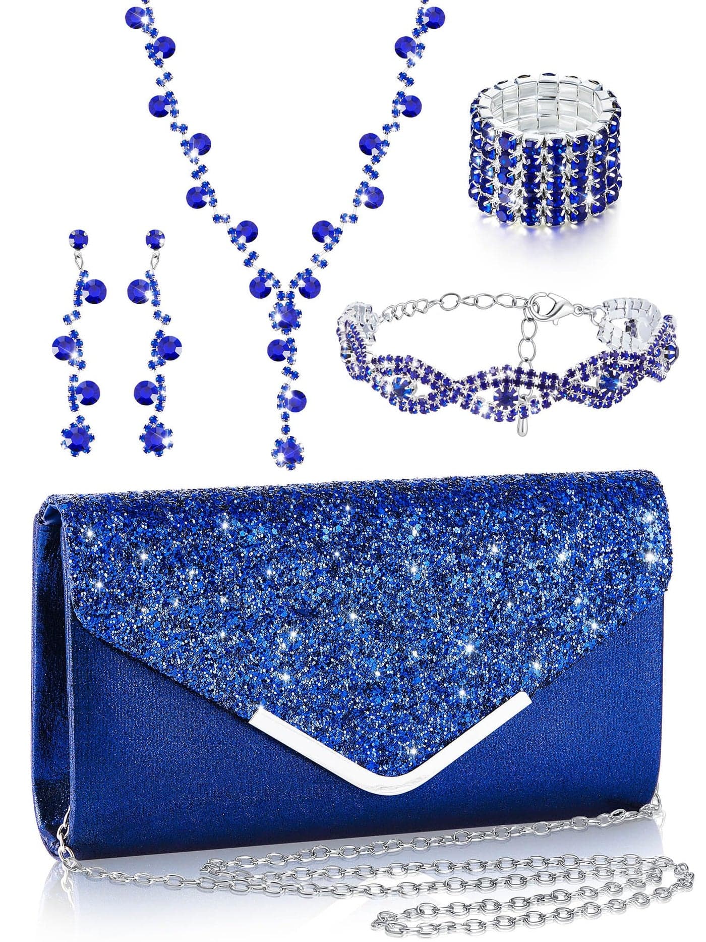 Henoyso 5 Pcs Purse Rhinestone Jewelry Set Prom Jewelry Rhinestone Clutch Purse Necklace Earrings Bracelets for Women Bride(Royal Blue)