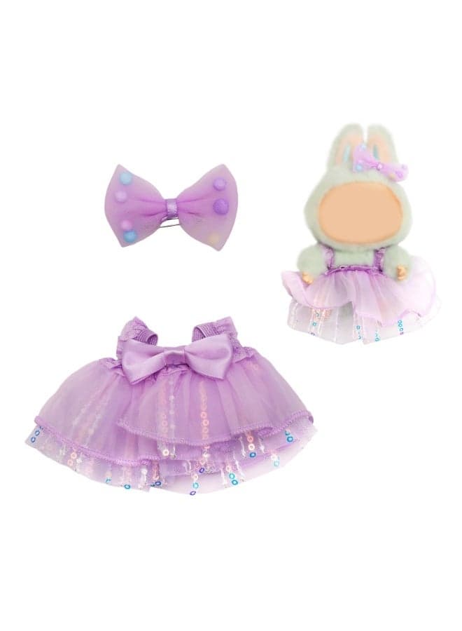 Doll Dress Outfit for 13cm Plush Dolls, Kawaii Purple Sequin Gauze Skirt with Bow Clip Luxury Dolls Clothes Accessories for Dress Up & Collectors (No Doll Included)