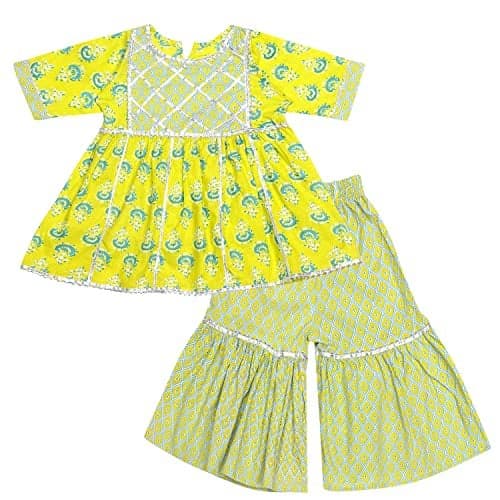 superminis Baby Girls Cotton Sanganeri Printed Frock Style Kurti with Printed Sharara Dress (7-8 Years, Green)