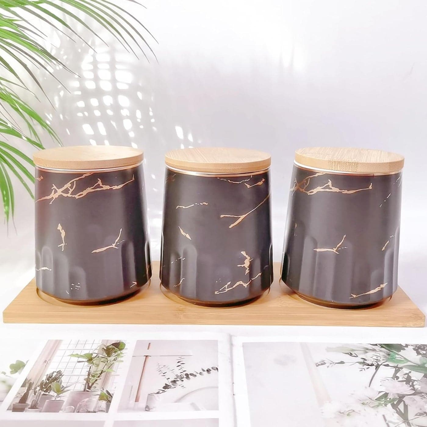 UMAI Ceramic Kitchen Storage Jars with Bamboo Lids | Airtight Kitchen Containers Set | Multipurpose Jars For Pickles Nuts Dry Fruits Pulses | 650ml Each, Set of 3 | Diwali gifts for family and friends