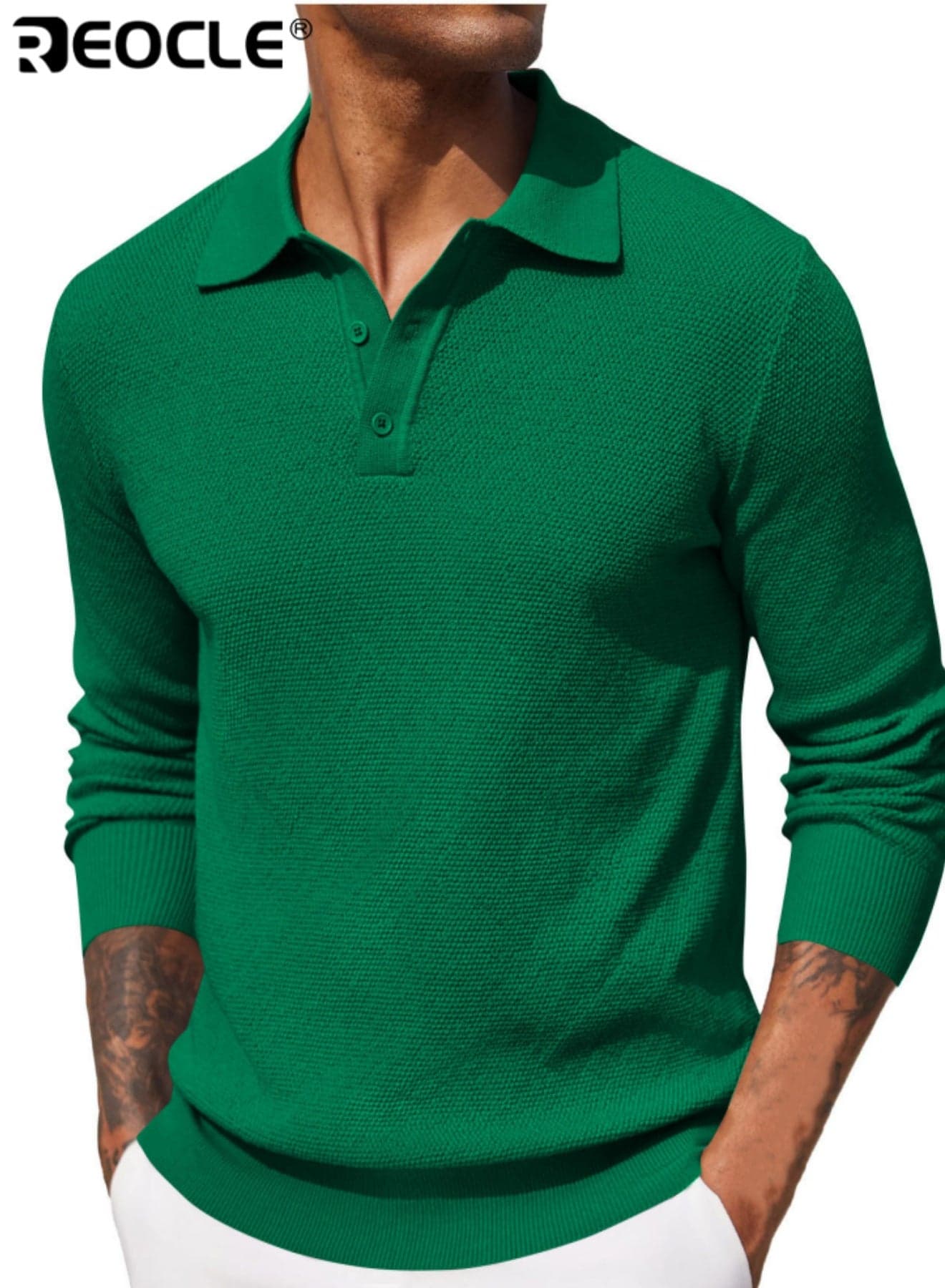Men's Long Sleeve Knitted Polo Shirt Classic Collared Pullover with Textured Design Comfortable Casual & Semi-Formal Top for Daily Wear