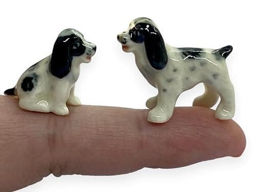 WitnyStore Tiny ⅝ Inch Couple Black White Sit and Stand English Springer Spaniel Dog Figurine - Miniature Hand Made Ceramic Dogs Puppy Animal Cute Porcelain Decorative Collectible Figure Décor Gifts