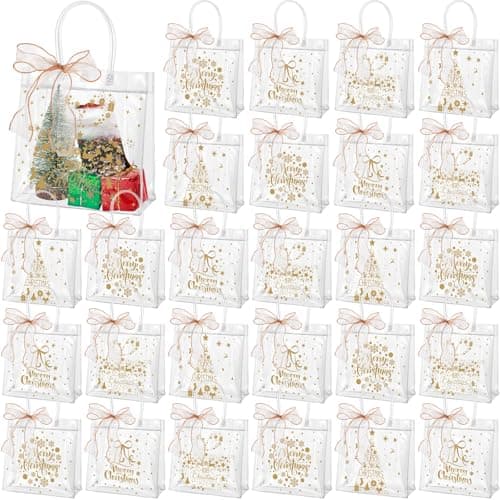 Henoyso 24 Pcs Gold Christmas Clear Gift Bags Plastic Goodie Candy Treat Bag with Handles PVC Gift Wrap Totes with Ribbon for Xmas Party Favors 78 x 78 x 31