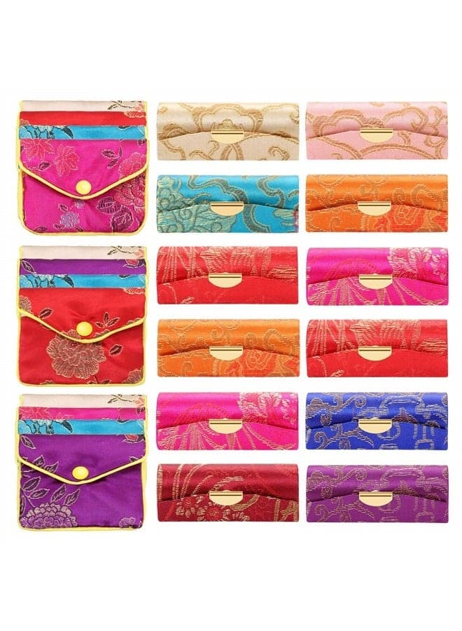 24 Pieces Silky Satin Fabric Lipstick Case Lipstick Box Holder with Mirror Jewelry Silk Purse Brocade Embroidered Gift Pouch Bag