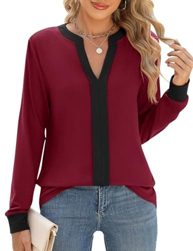 Micoson Tunic Tops for Women Loose Fit Dressy Long Sleeve Work Blouses V Neck Full Sleeve Tops Winter Christmas Black and Red Blocks S