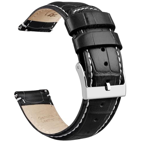 Ritche Quick Release Leather Watch Bands Genuine Leather Watch Strap for Samsung Galaxy Watch 6 Band Classic 43mm 47mm 40mm 44mm 18mm, 20mm or 22mm for Men and Women, Black/ White Stiching/ Silver,