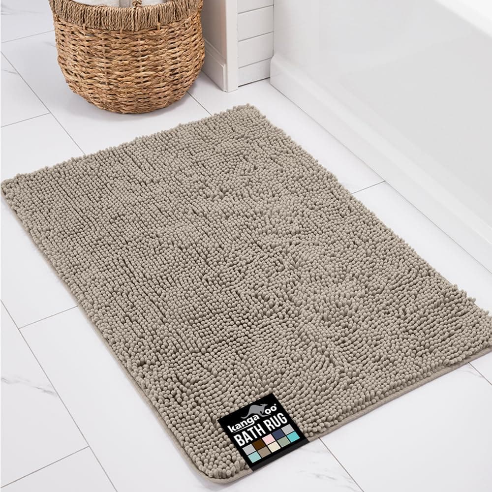 KANGAROO Bathroom Rugs Chenille Soft Absorbent Bath Rug Shaggy Shower Mat Quick Dry Machine Wash Bathmat Plush Carpet Mats for Tub Bathtub and Room Home Decor Accessories 42x24 Beige