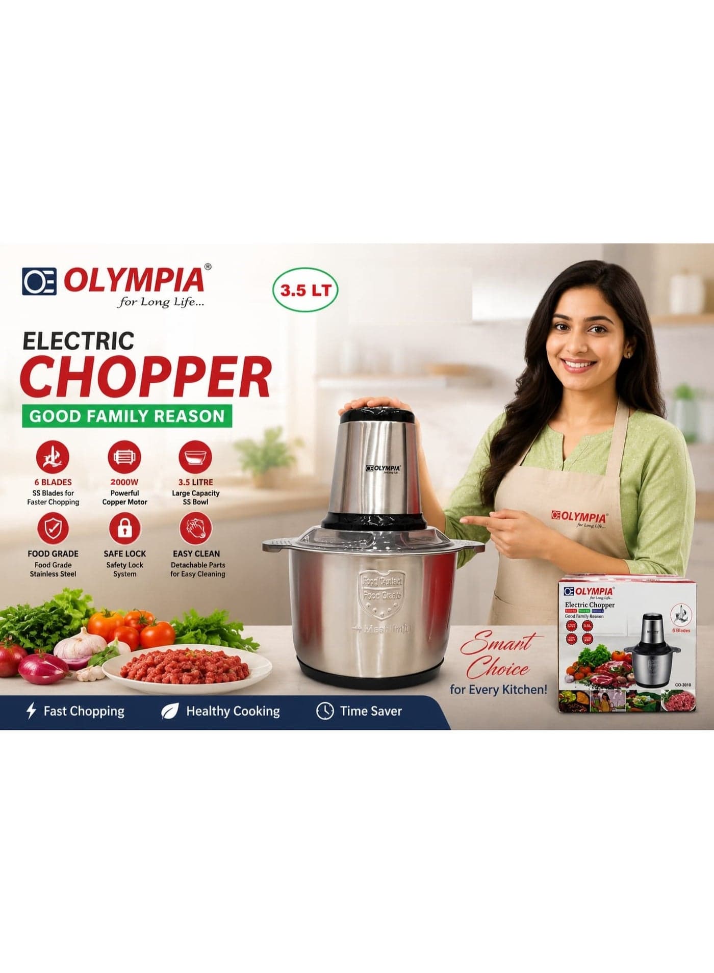 OLYMPIA Multifunction Electric Chopper For Meat Vegetables Fruits And Herbs 3.5L Stainless Steel Bowl Equipped With Powerful 2000W Motor Six Precision Blades Safety Lock System And Easy To Clean Components For Effortless Cooking