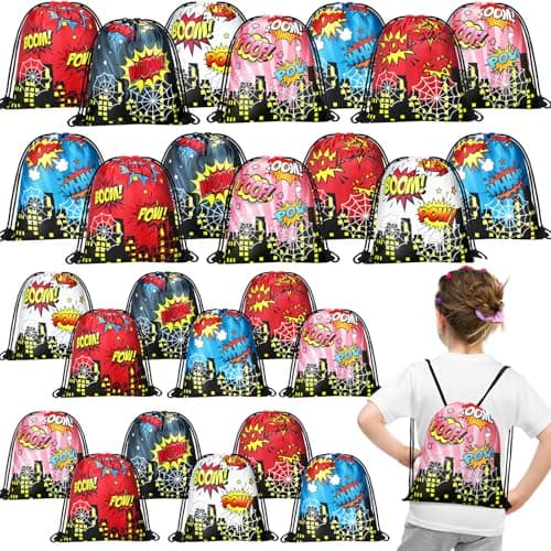 Lothee 30 Pcs Hero Party Favor Bags for Birthday Party Decorations Gift Treat Goodie Candy Backpack Boom Wow Pow Drawstring Bag Hero Style