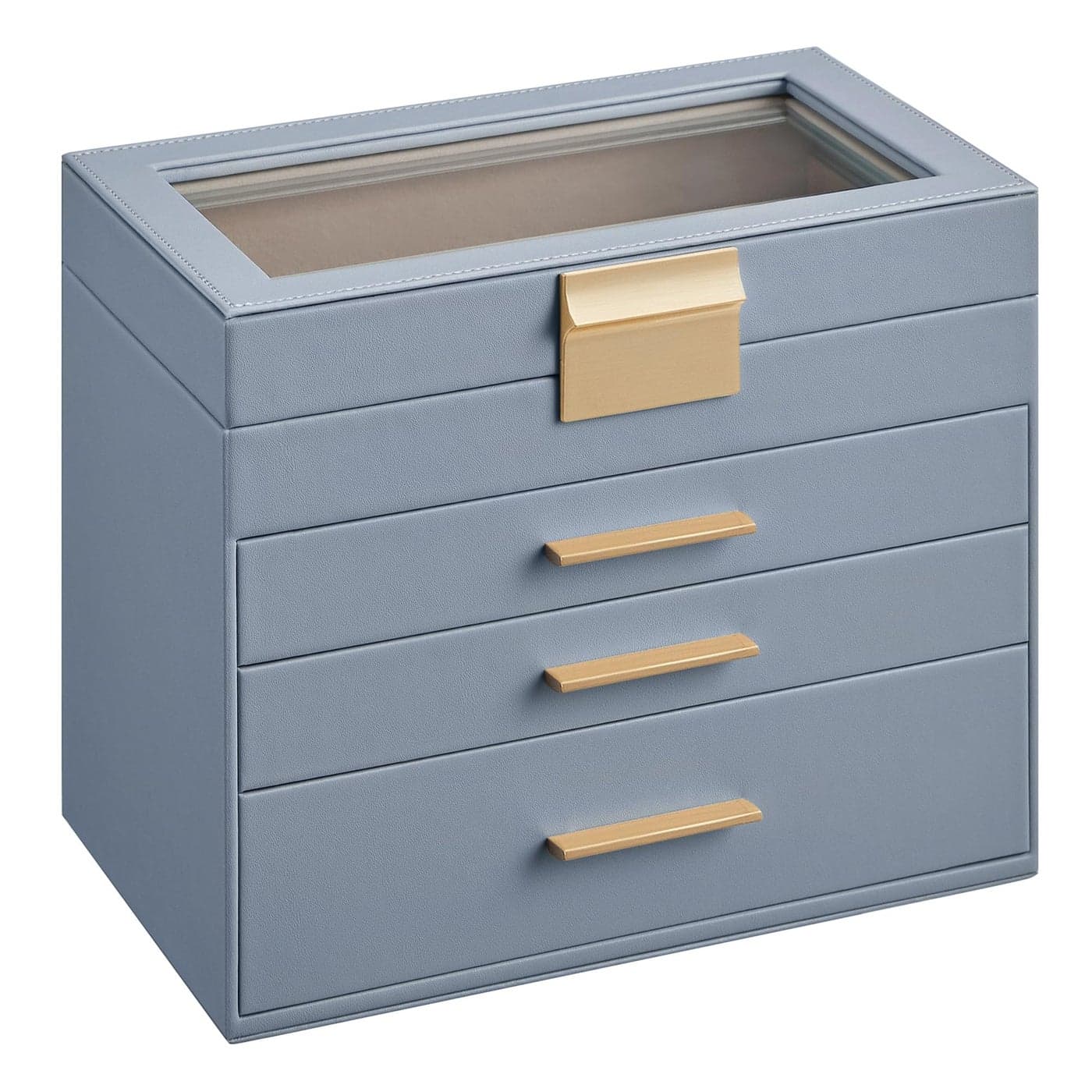 SONGMICS Jewelry Box Organizer with Glass Lid 4Layer Jewelry Storage with 3 Drawers Modern Style 6 x 99 x 85 Inches Smoky Blue and Gold Color UJBC161Q01