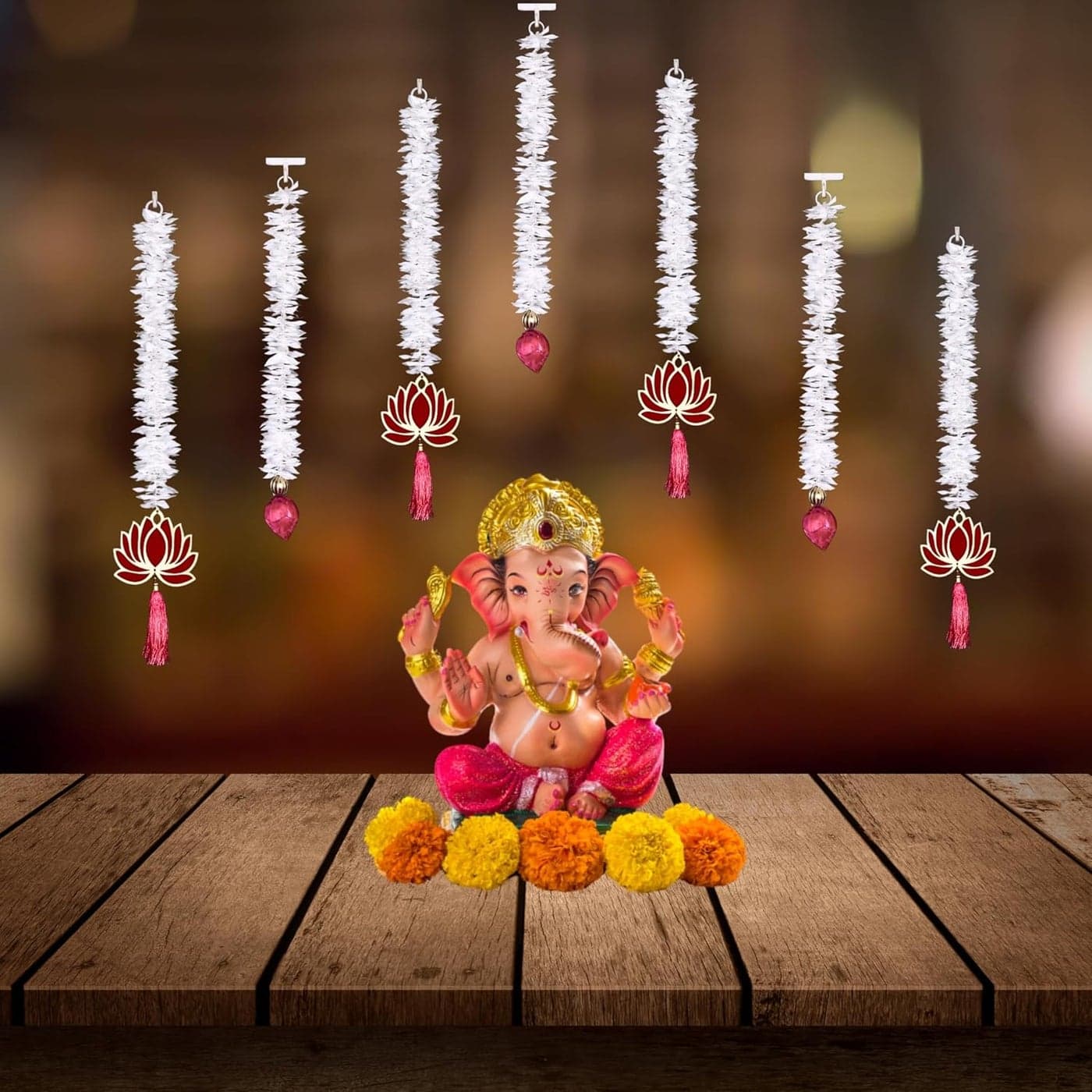 Alaukik Home Decorative Items, Mandir Door Decorations Items, White Gajra Flowers Lotus Hanging 7 Strings| Backdrop Wall Hangings Decor Diwali & All Festival Decoration|18 Inch Each