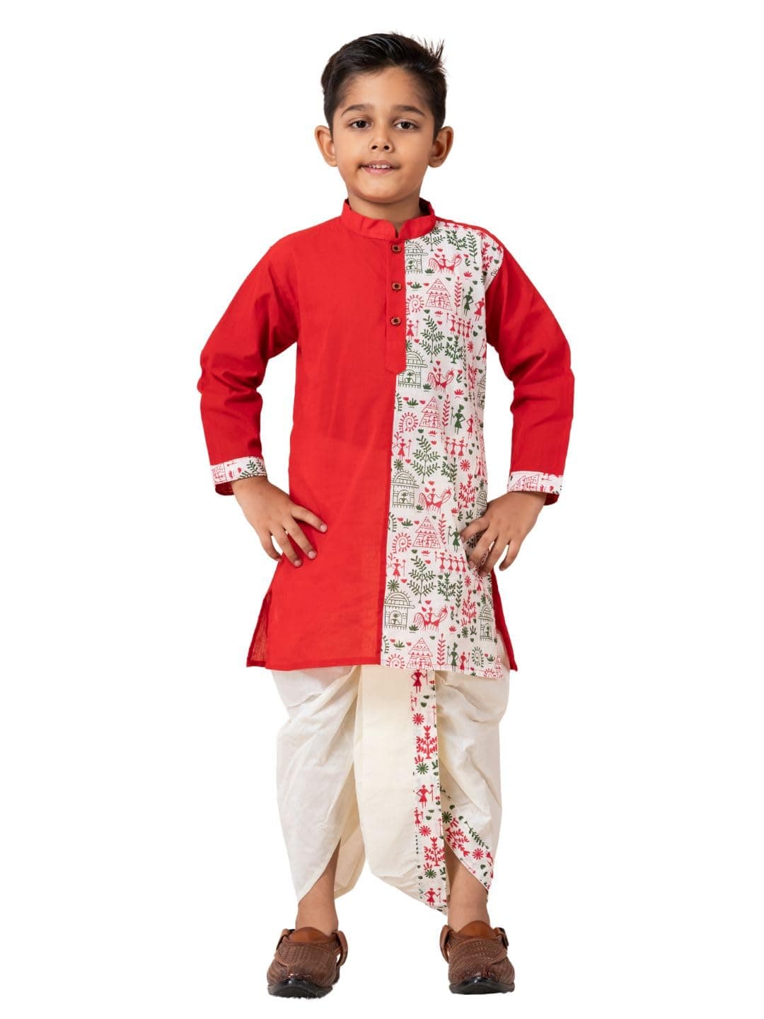 PEKABU Kids Ethnic Wear – Stylish Half Printed & Vibrant Color Pure Cotton Kurta with Elastic Waist Dhoti Set for Boys (Red, 3-4 Years)