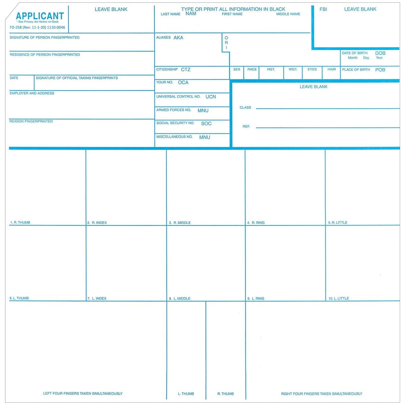 Crime Scene Fingerprint Cards Applicant FD258 250 Pack