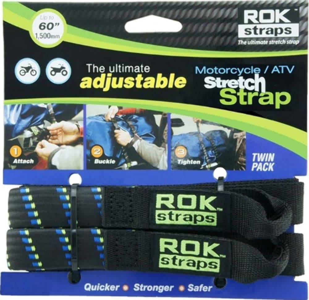 ROK Straps 10001 Adjustable Motorcycle/ATV Stretch Strap Tie-Downs, 60", Black/Blue/Yellow