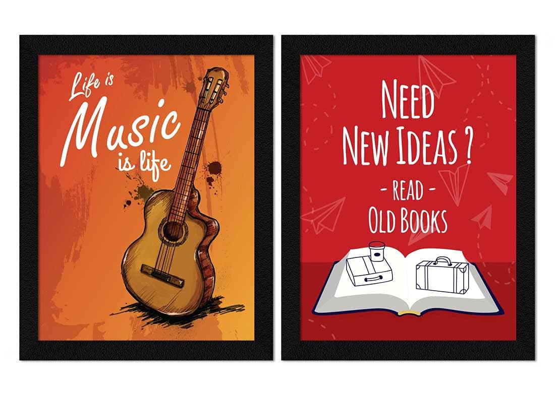 ArtX Paper Motivational Quotes Life Is Music & Read Old Books Framed Wall Art Painting, Multicolor, Abstract, 10 X 13 inches each, 20 X 13 inches combined, Set of 2