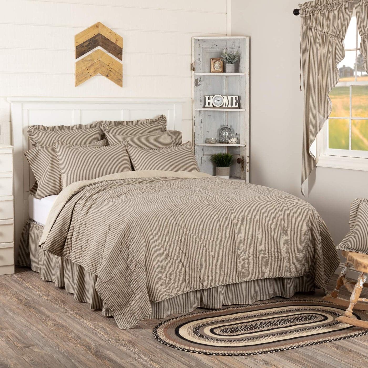 VHC Brands Sawyer Mill Ticking Stripe Quilt Queen 90x90 Charcoal Grey