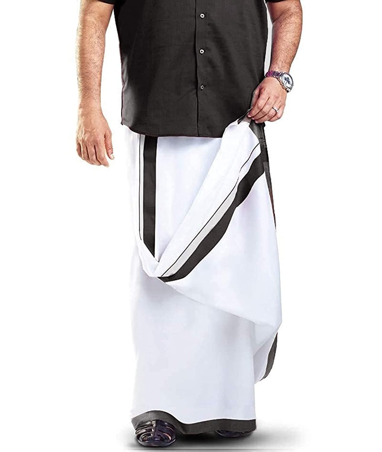 RAGINI V Men's Casual Style Pure Relaxed Fit Double Dhoti (White With Colour Border_4M) (Black)