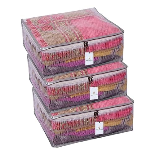 Kuber Industries 40 x 31 x 17 CM PVC Clothes Organizer For Wardrobe (Pack of 3) - Transparent Storage Organizer For Saree | Shirts | Lehenga - Dress Organizer For Wardrobe With Net