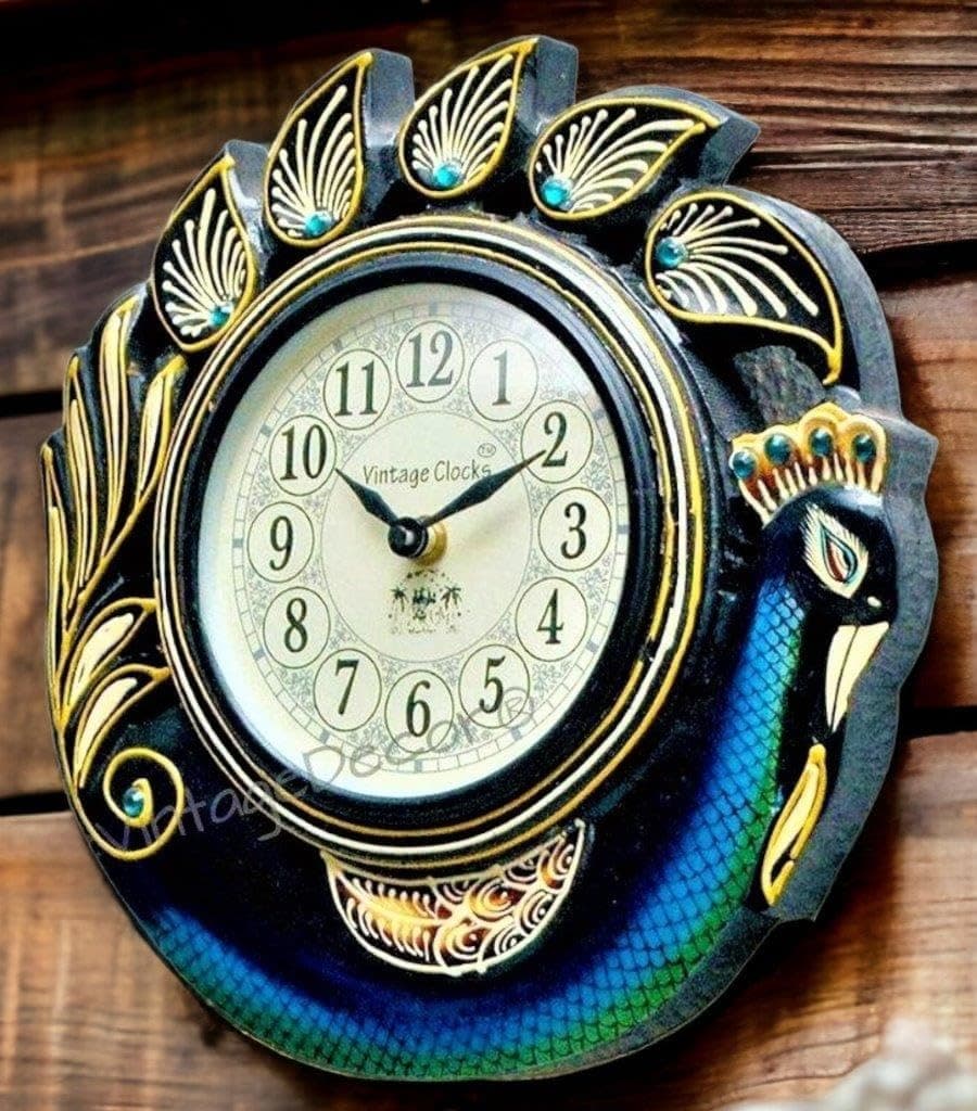 Vintage Clock Handcrafted Peacock Wooden Non-Ticking Analog Clock With Hand-Painted Art Work(Multicolour,Small 10X10 Inches/25 X 25 Cm,Dial Size : 5 Inches/13 Cm)