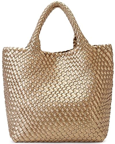 Woven Bag for Women, Vegan Leather Tote Bag Large Summer Beach Travel Handbag and Purse Retro Handmade Shoulder Bag (Golden)