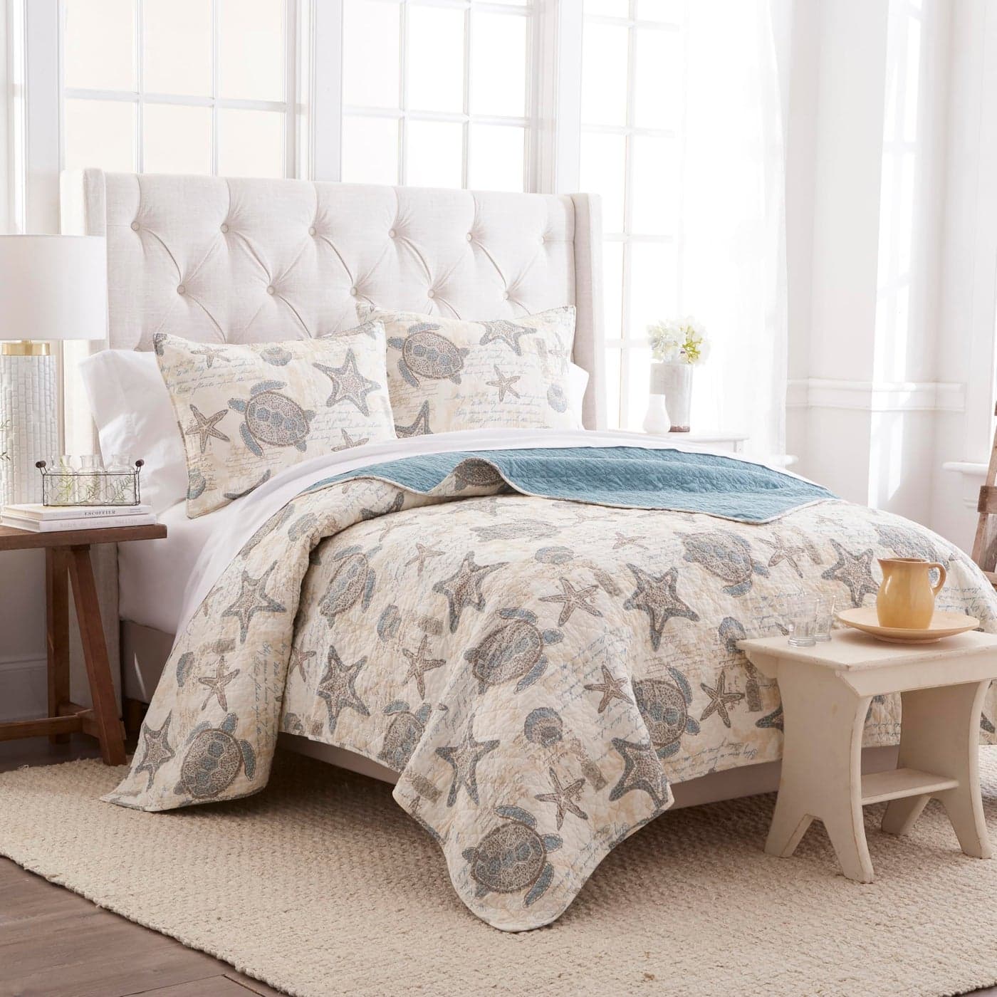 CF Home Amber Sands King 3 Piece Quilt Set Summer Beach Ocean Coastal Starfish Seaturtle Reversible Machine Washable Lightweight Bedspread Coverlet King 3 Piece Set Blue