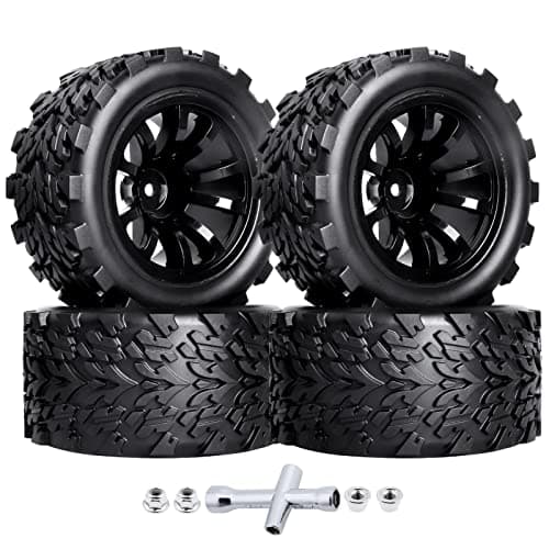 HobbyPark PreGlued Mounted 12mm Hex Hubs RC Truck Tires and Wheels 28 Tires with Foam Inserts for Traxxas Rustler Stampede Hoss 4x4 Redcat RC Monster Truck Set of 4 117x57mmHxW