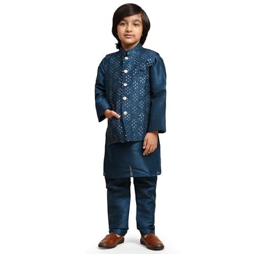 Pro-Ethic Style Developer Kurta Pajama for Kids Boys with Waistcoat | Silk | Floral | Traditional Dress (S-240) 13-14 years, Navy Blue