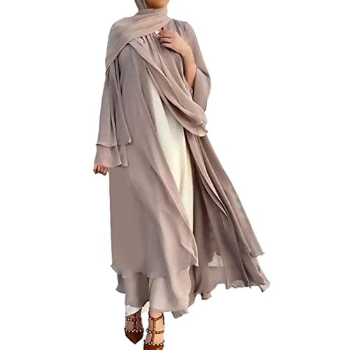 IWEMEK Women Muslim Cardigan Dresses Chiffon Dubai Turkey Kaftan Open Front Kimono Abaya Robe Casual Ruffle Sleeve Robe Solid Color Belted Caftan Islamic Cover Up Dress Khaki Small