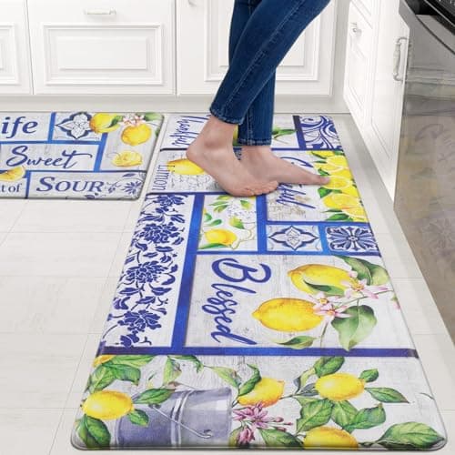 Likiyol Kitchen Mats - 2Pcs Set: Anti Fatigue, Non Slip, Lemon Print Design, Washable for Kitchen & Home Floor, 18''x30''+18''x48''