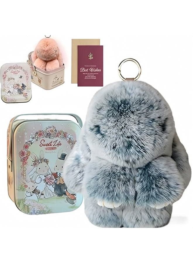 Fluffy Bunny Keychain with Gift Box, Soft Faux Fur Plush Rabbit Bag Charm, Cute Bunny Key Ring for Women Girls, Perfect Gift for Birthday Christmas Valentine's Day