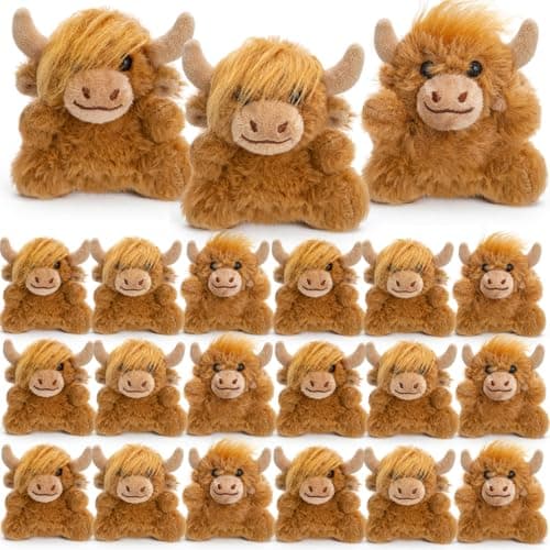 Blueweenly 24 Pcs Mini Highland Cows Stuffed Animal 4 Inch Brown Cow Plush Realistic Highland Cattle Cute Plush Decor for Stress Relief Kids Boys Girls Presents Birthday Party Favor Ornaments