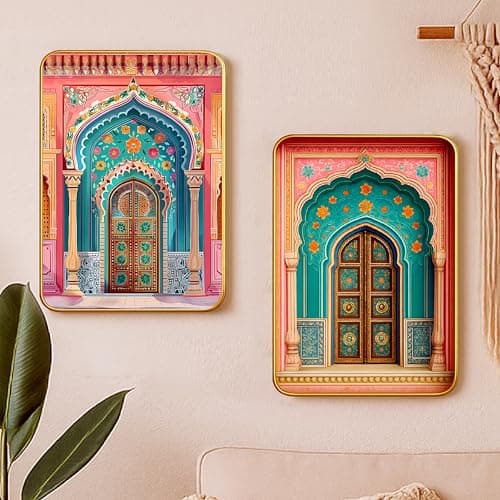 Rousrie Premium Realistic Rajasthani Madhubani Paintings With Golden Frame | Traditional Indian Theme Pichwai Wall Art Decor For Living Room, Home, Room, Bedroom, Office (Pack of 2 - A4 Paintings)