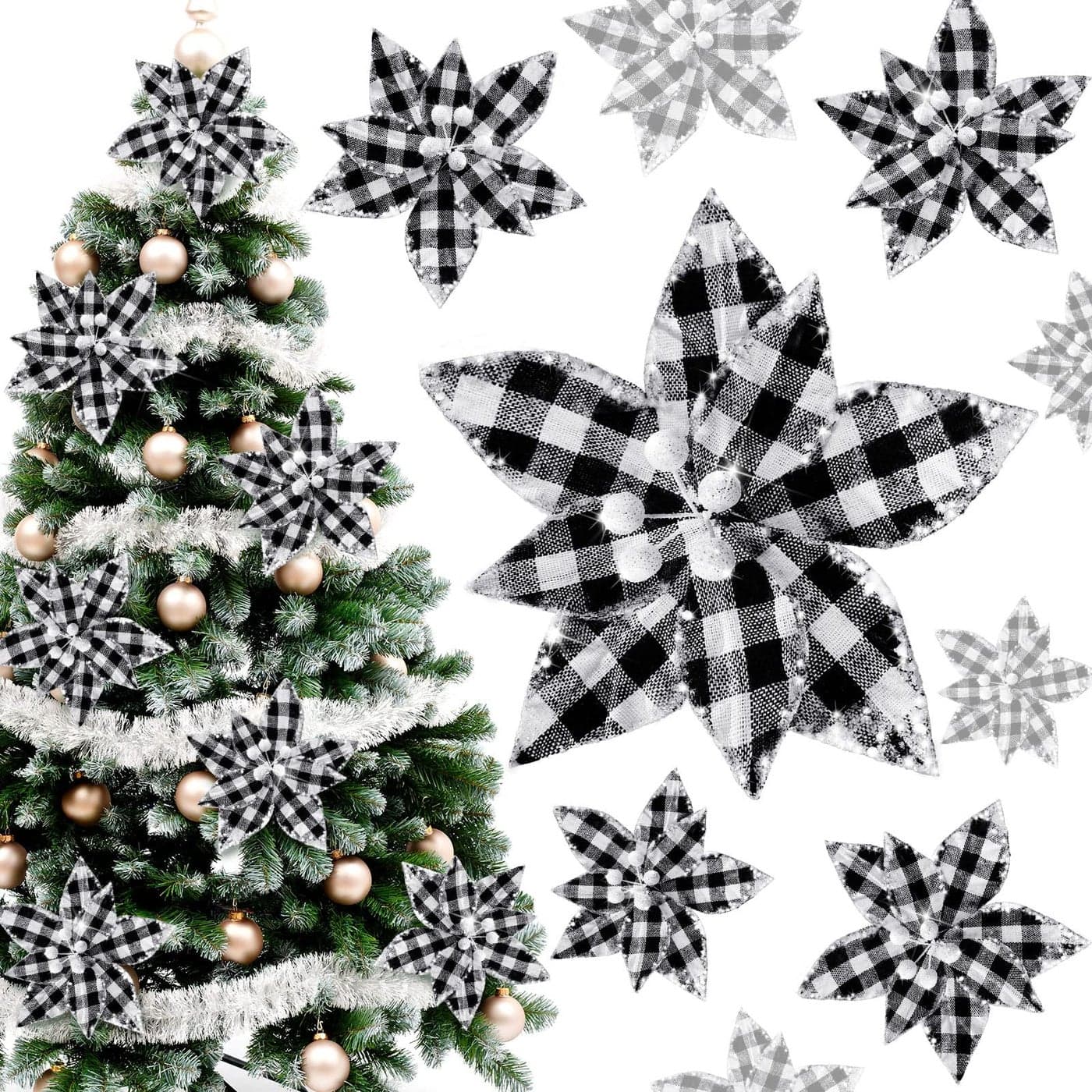 Syhood 12 Pieces Buffalo Plaid Poinsettias Christmas Tree Ornaments Artificial Christmas Flowers with Glitter Powder for Christmas Tree Wreaths Garland Holiday Decorations 67 Inch Black and White