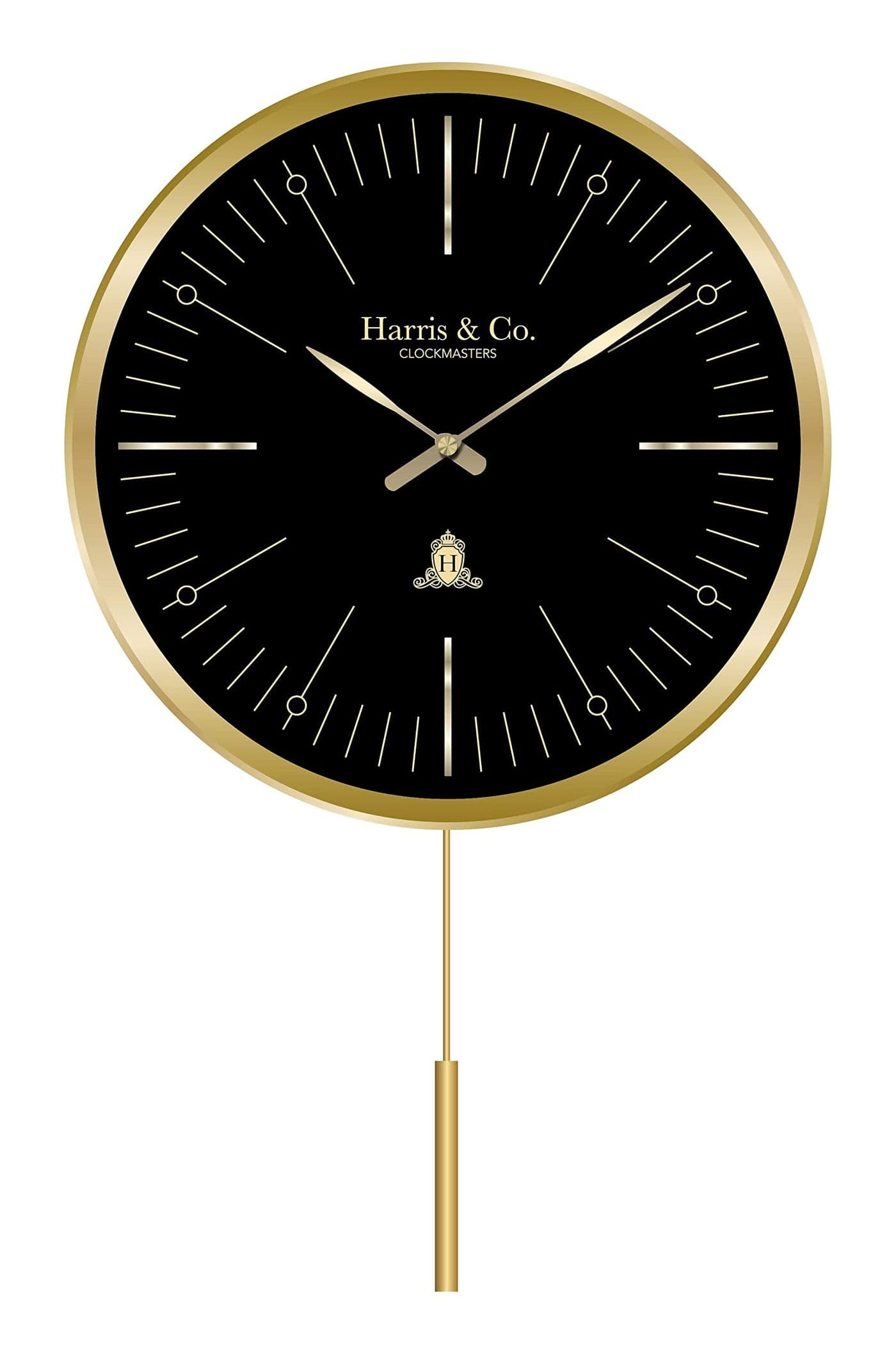 HARRIS & CO. CLOCKMASTERS Metal Luxury Pendulum Analog Wall Clock,Silent Sweep Noiseless Technology 13 Inch Gold, Model-Knightsbridge