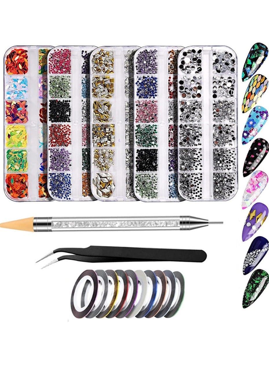 5 Boxes of Flatback Round Rhinestones for Manicure Pack #1, Nail Art Crystal Diamond Bead Jewelry Kit for Women Girls